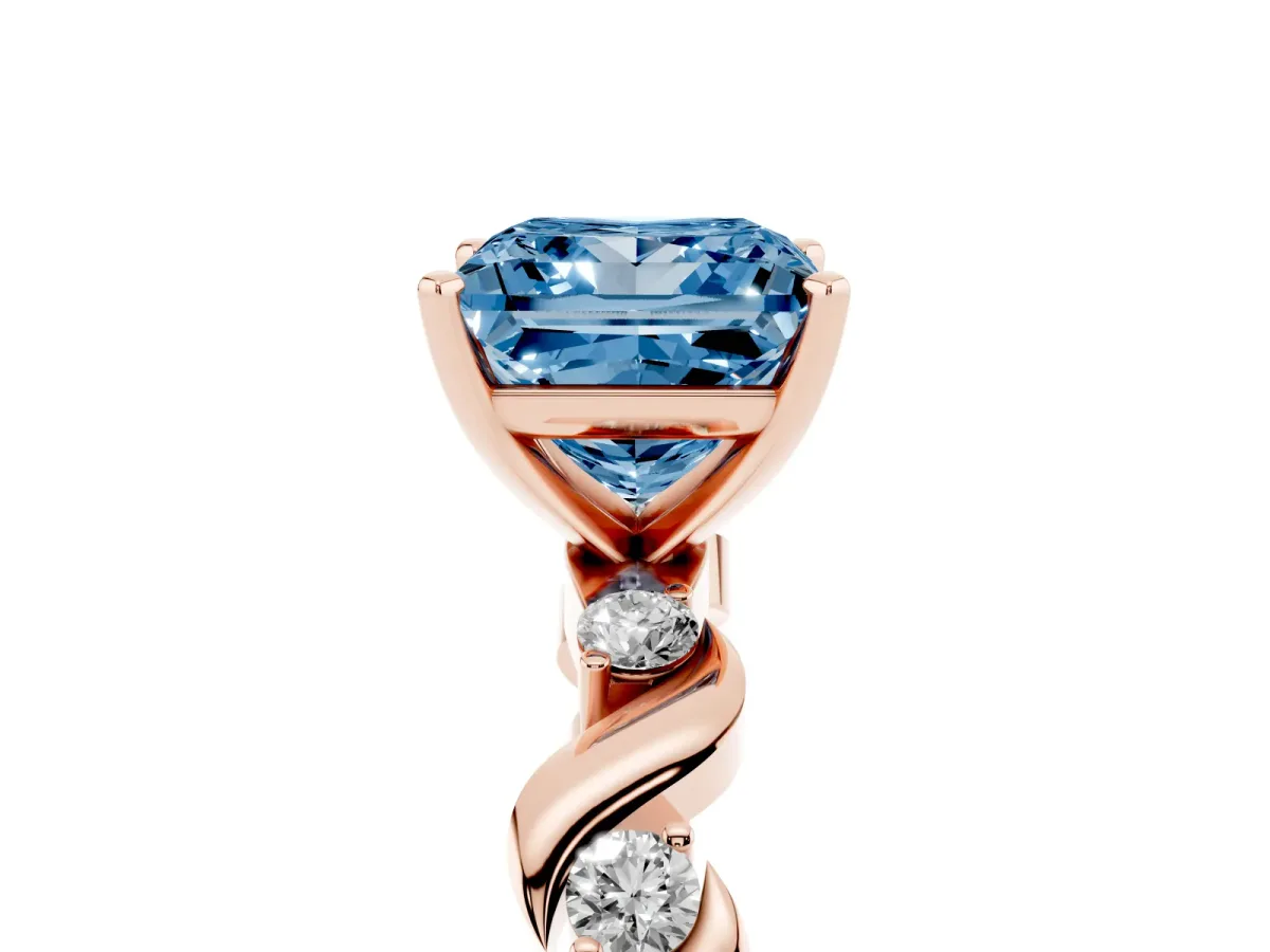 Fancy Blue Princess Cut Diamond Solitaire Twisted Band with Round Accents and Prong Setting Rose gold
