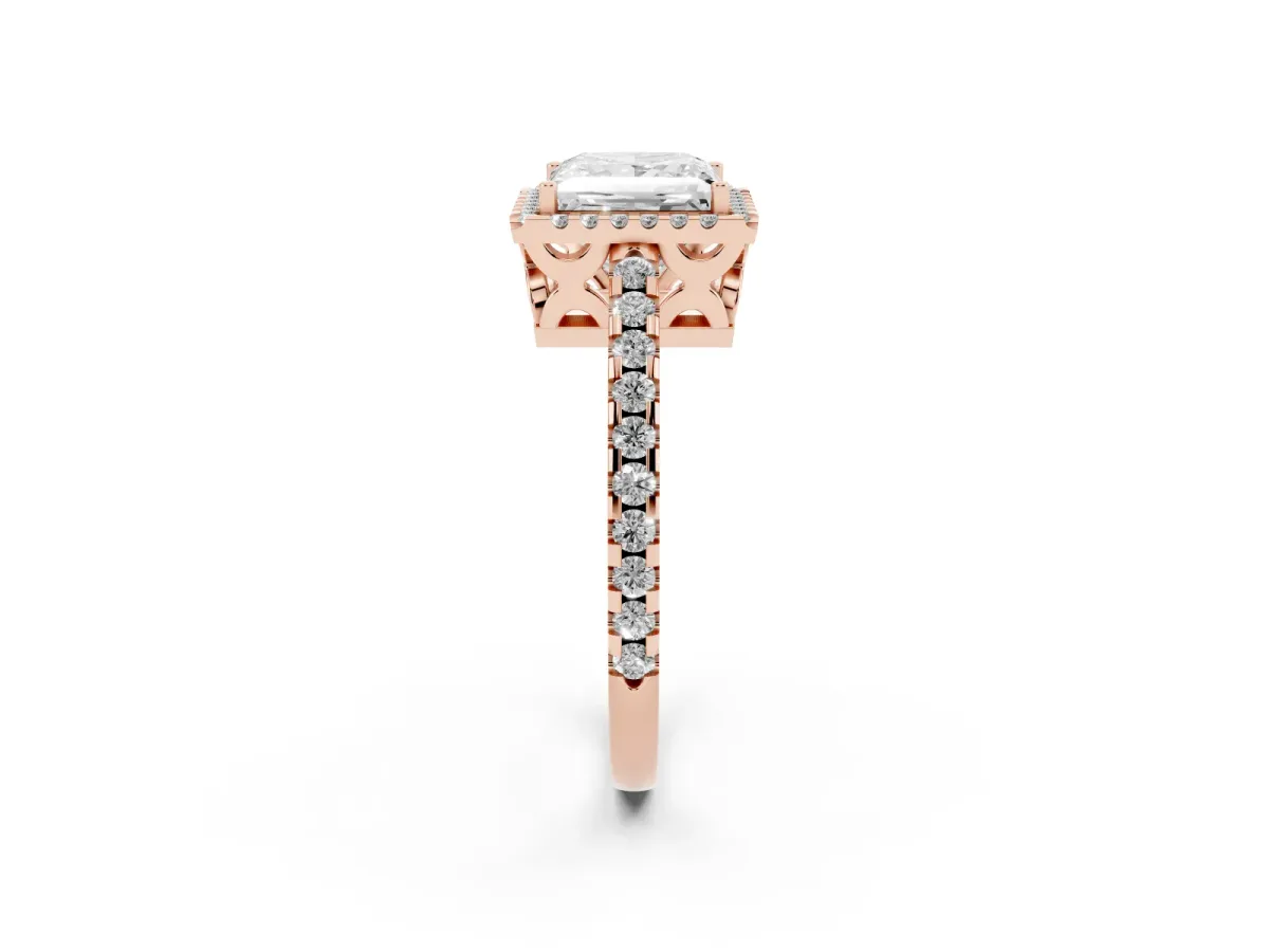 Princess Cut Diamond Halo Engagement Ring with Pavé Band and Prong Setting Rose gold