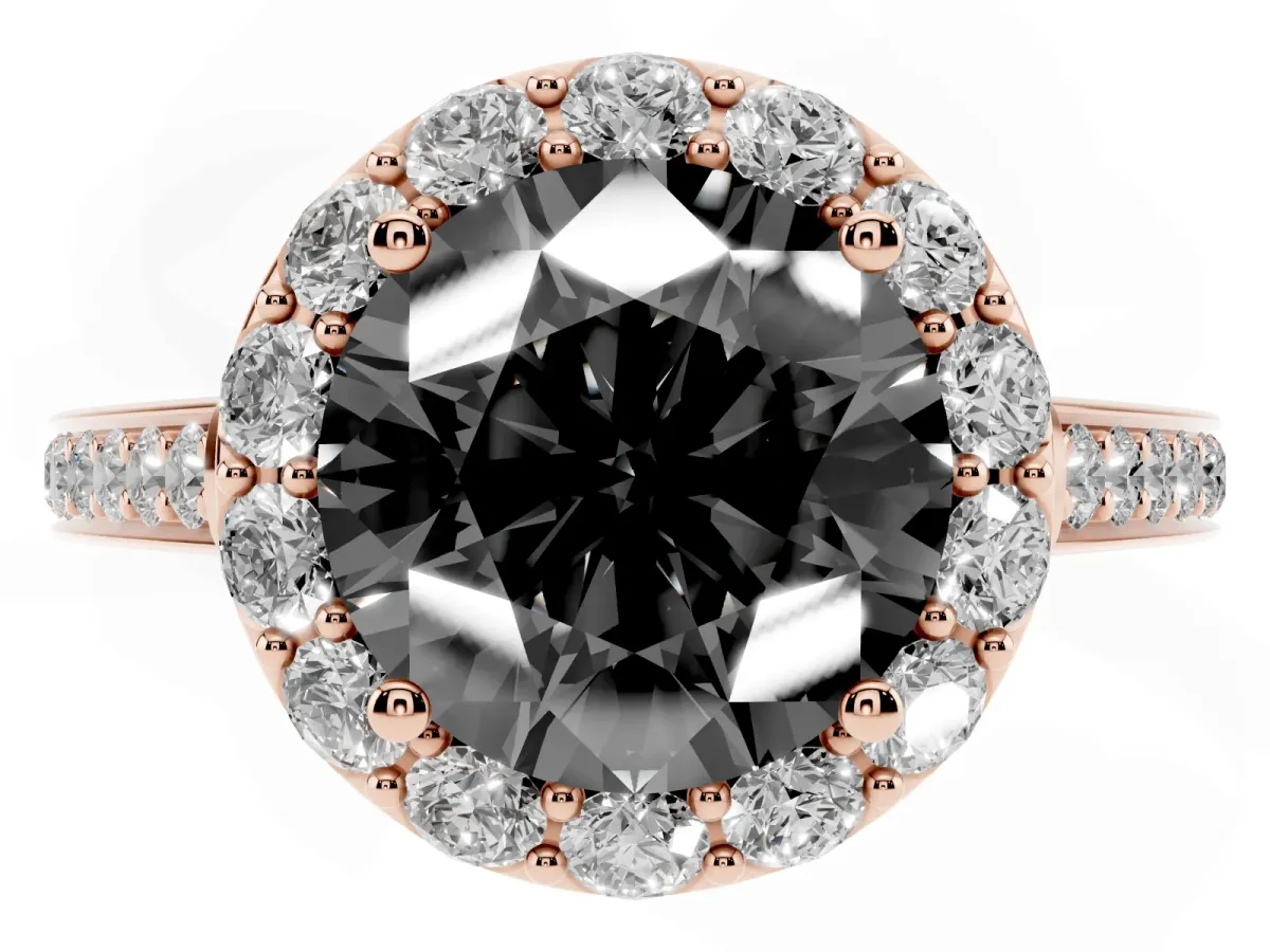 Fancy Black Round Cut Diamond Floral Halo Ring with Pavé Band and Prong Setting Rose gold