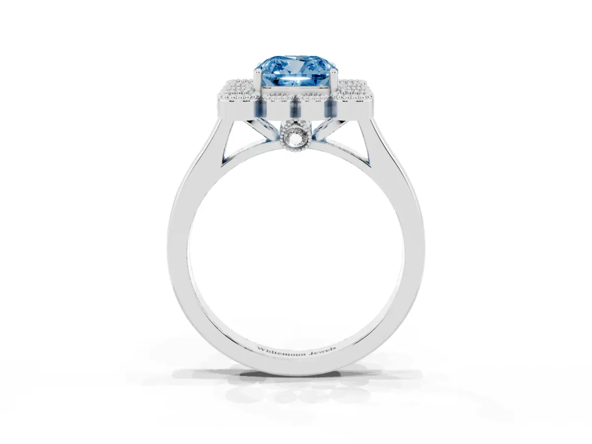 Fancy Blue Cushion Cut Halo Diamond Cluster Engagement Ring with Milgrain Bezel Setting and Solitaire Band White gold