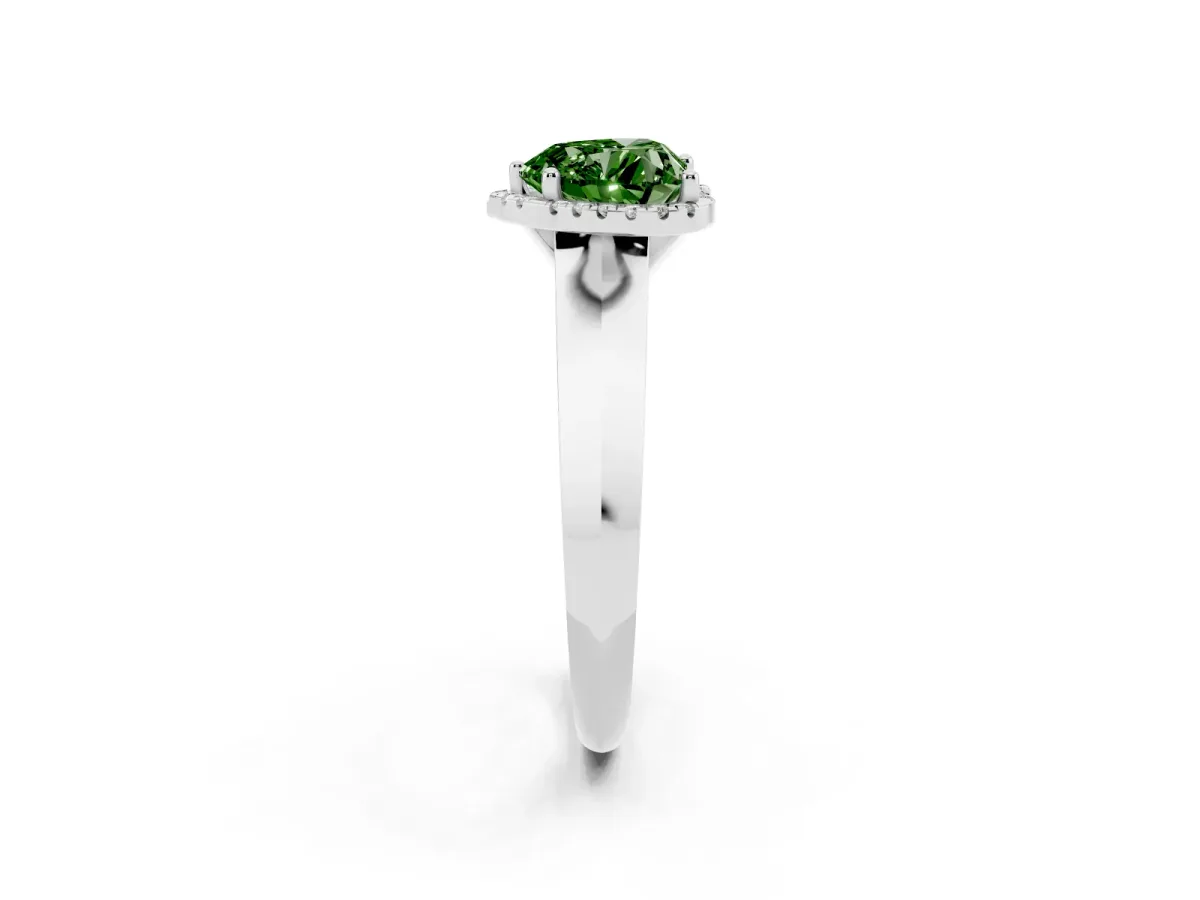 Fancy Green Heart Cut Halo Diamond Ring with Cathedral Band and Four-Prong Setting White gold