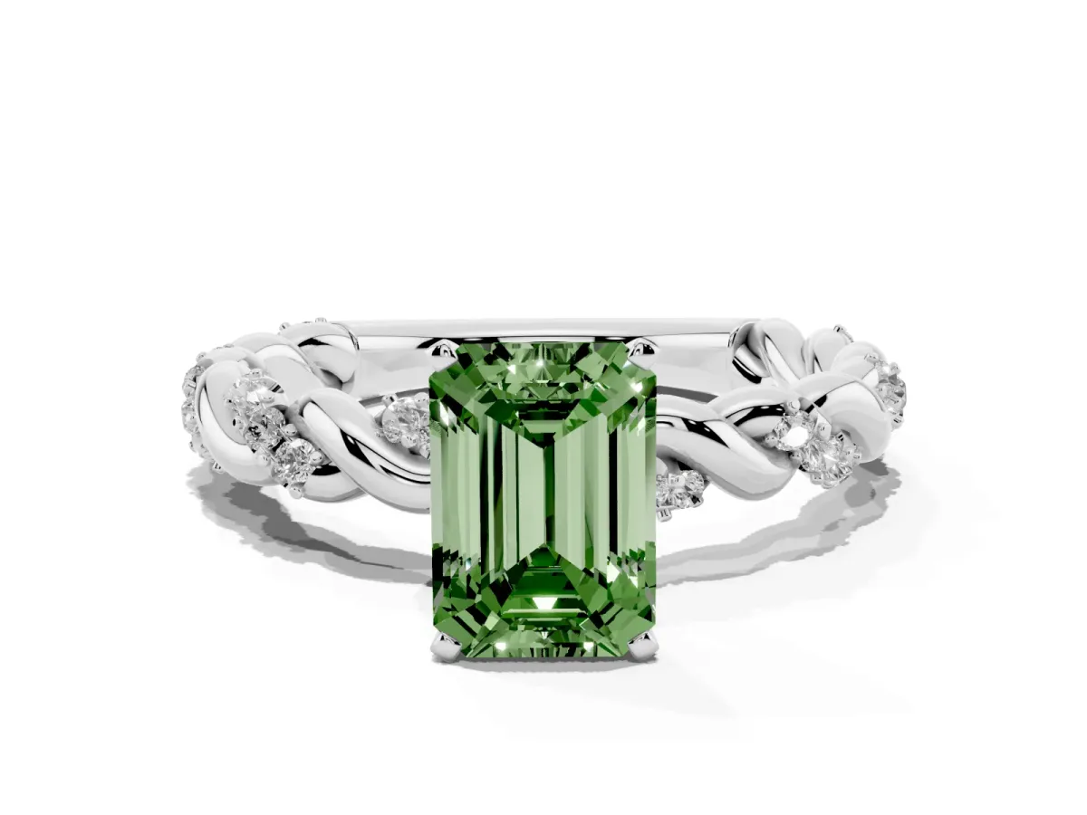 Fancy Green Emerald Cut Diamond Solitaire Ring with Twisted Band and Pavé Accents Silver