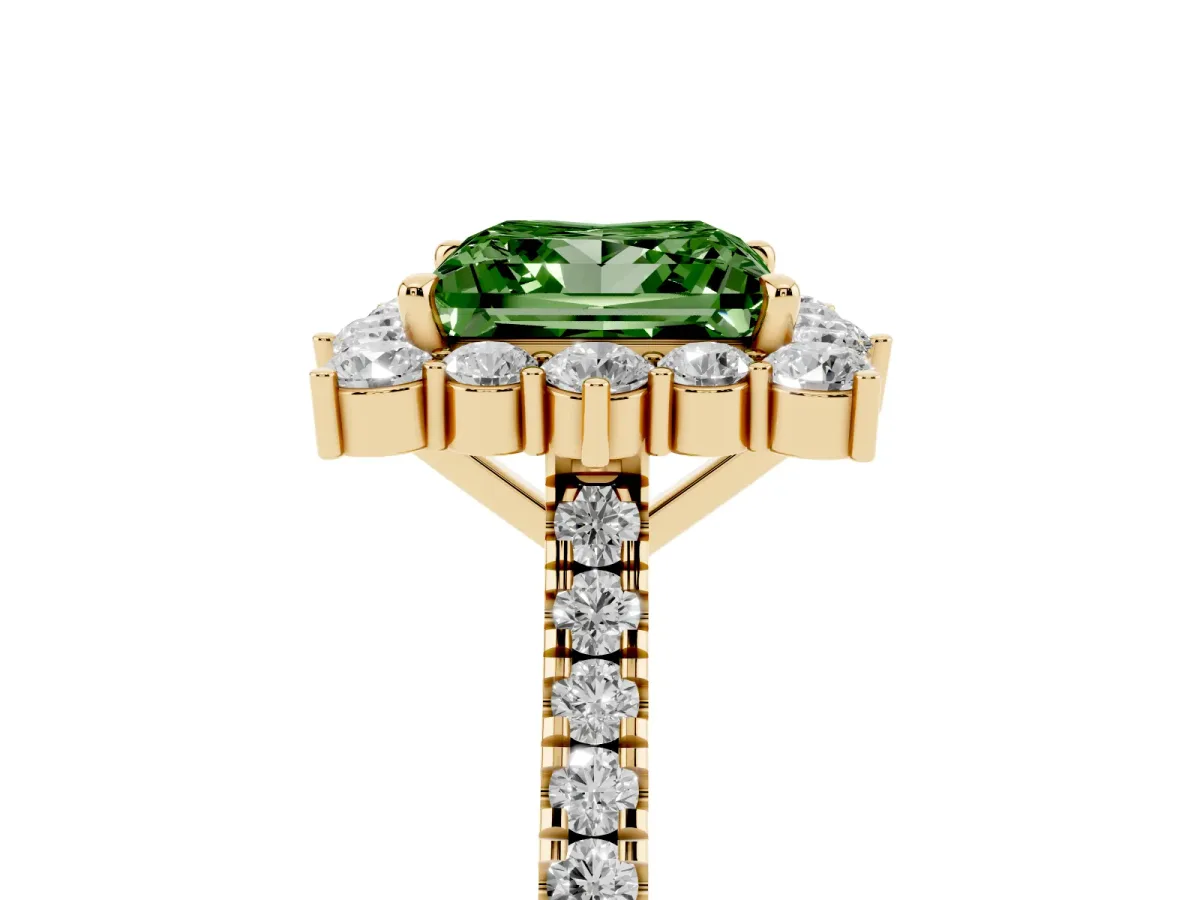 Fancy Green Princess Cut Halo Diamond Ring with Pavé Band and Prong Setting Yellow gold