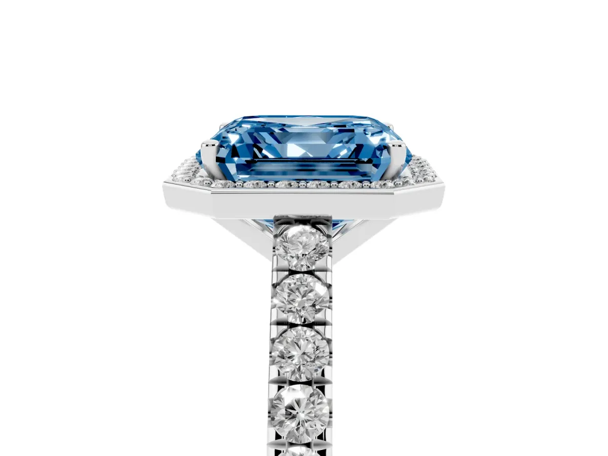 Fancy Blue Asscher Cut Cut Halo Diamond Engagement Ring with Pave Band and Four-Prong Setting Platinum