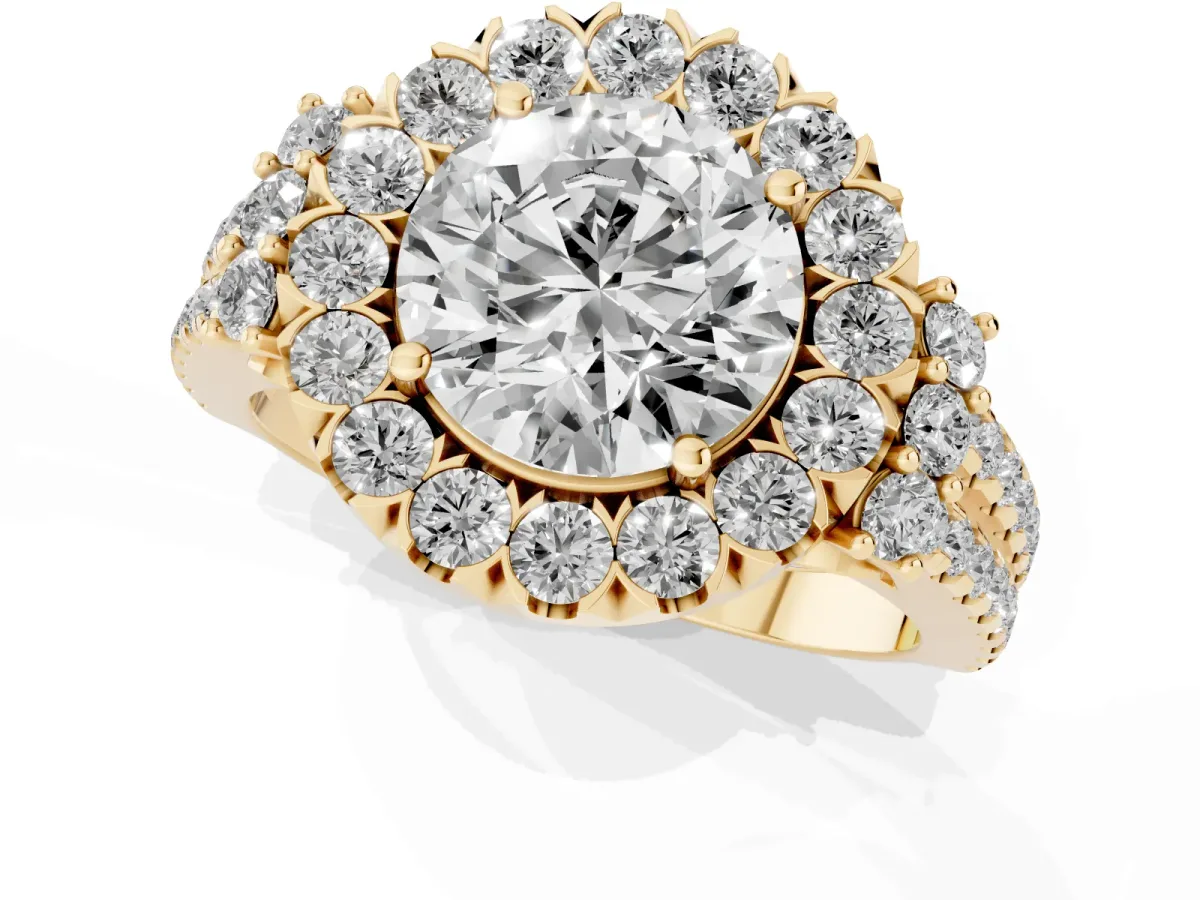 Round Cut Cut Double Halo Diamond Engagement Ring with Pave Band and Four-Prong Setting Yellow gold