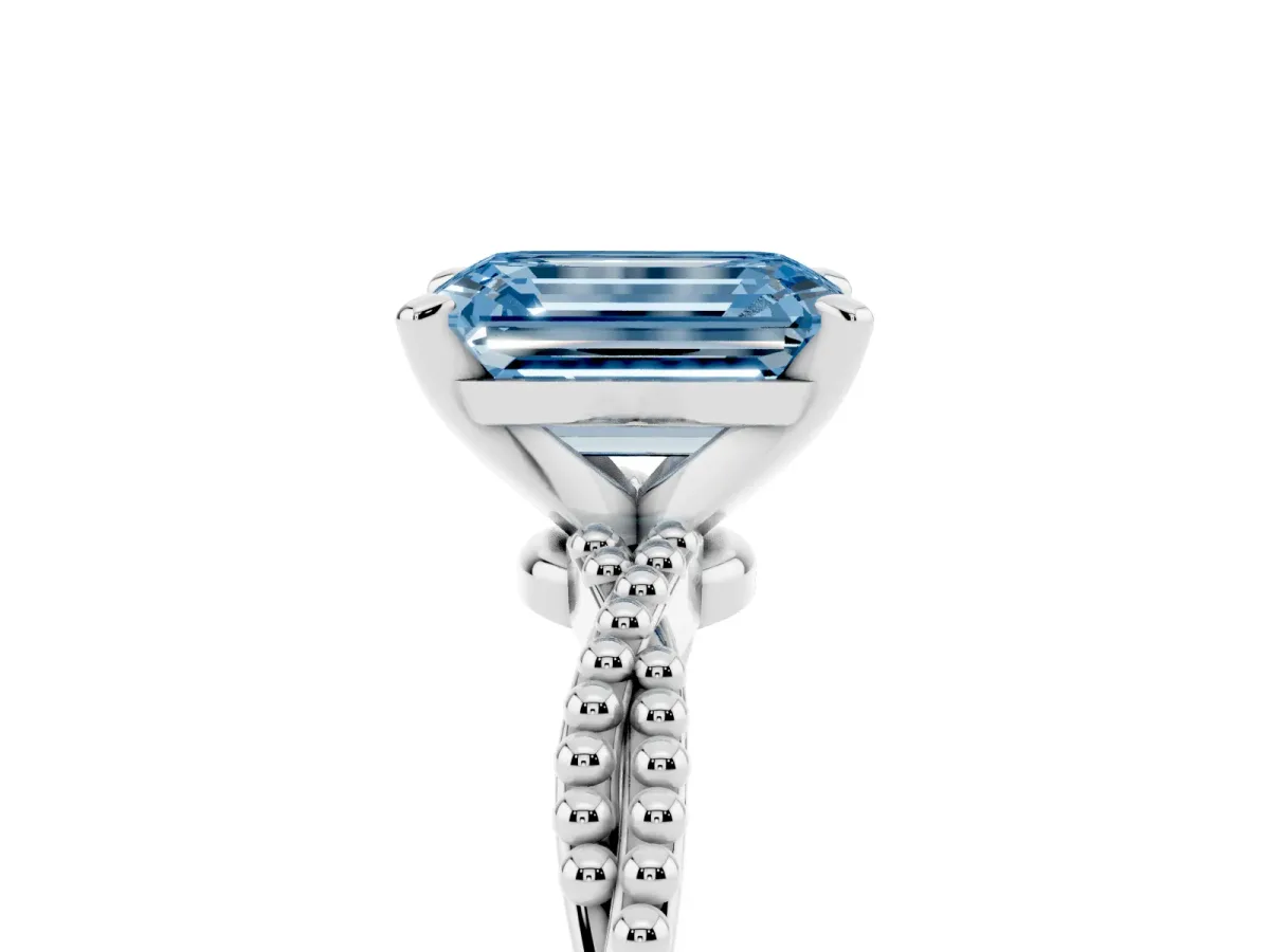 Fancy Blue Emerald Cut Solitaire Twisted Band with Bead Prong Setting Silver