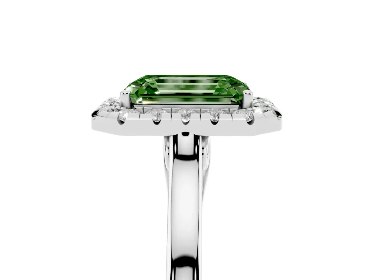 Fancy Green Emerald Cut Halo Round Diamond Solitaire Ring with Pavé Band and Four-Prong Setting Platinum