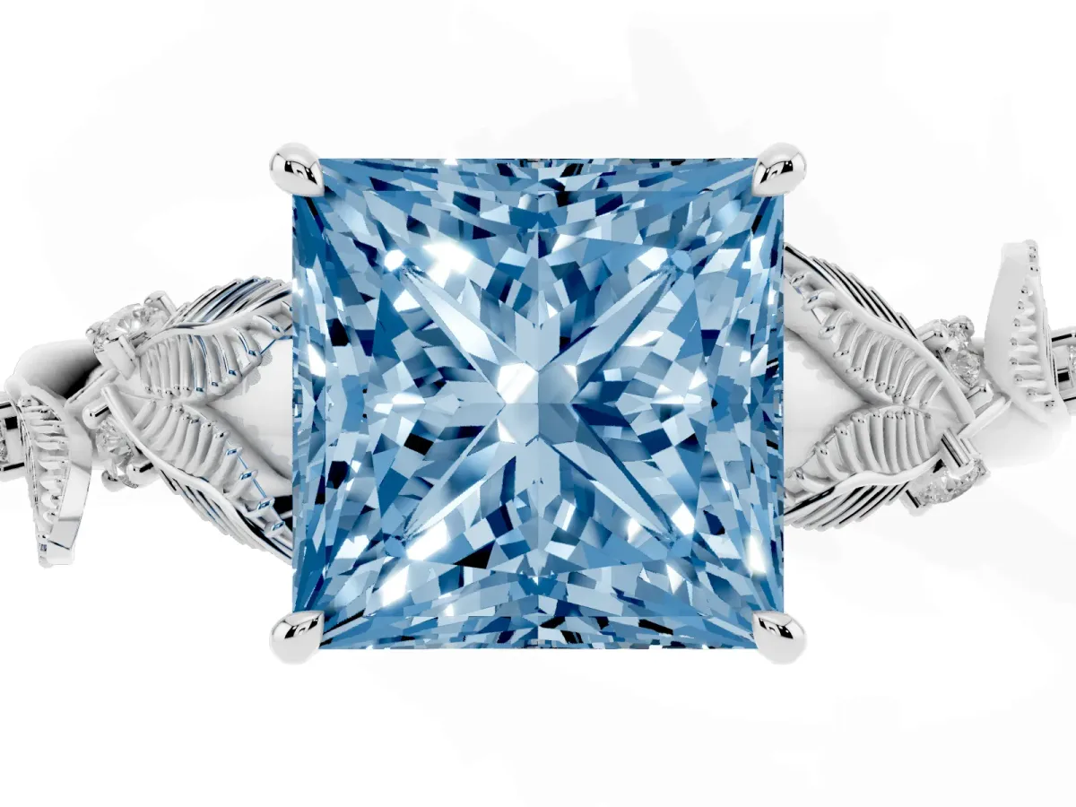 Fancy Blue Princess Cut Diamond Solitaire Ring with Leaf Motif Band and Four-Prong Setting Silver