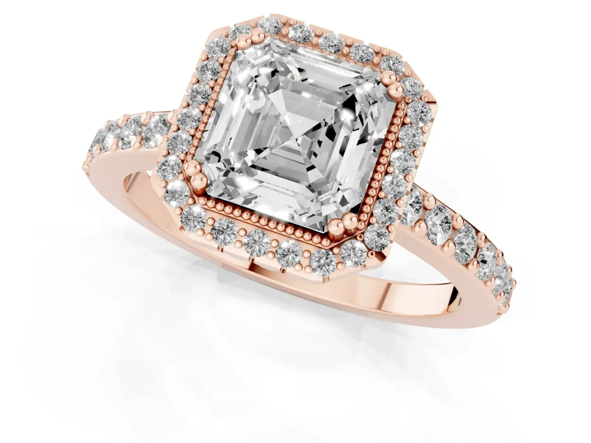 Asscher Cut Cut Diamond Halo Engagement Ring with Milgrain Detail and Pavé Band Rose gold