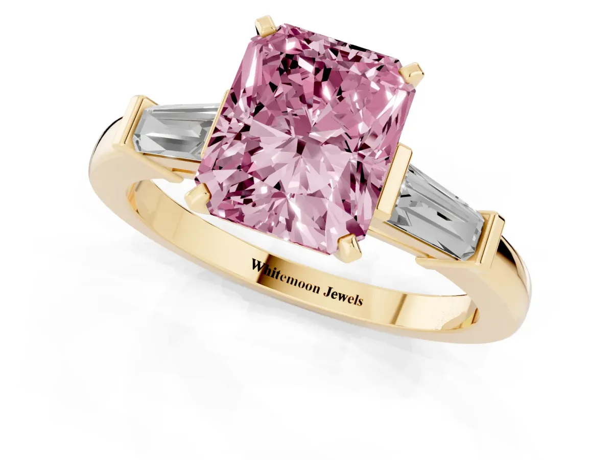 Fancy Pink Radiant Cut Cut Diamond Solitaire Ring with Tapered Baguette Accents and Four-Prong Setting Yellow gold