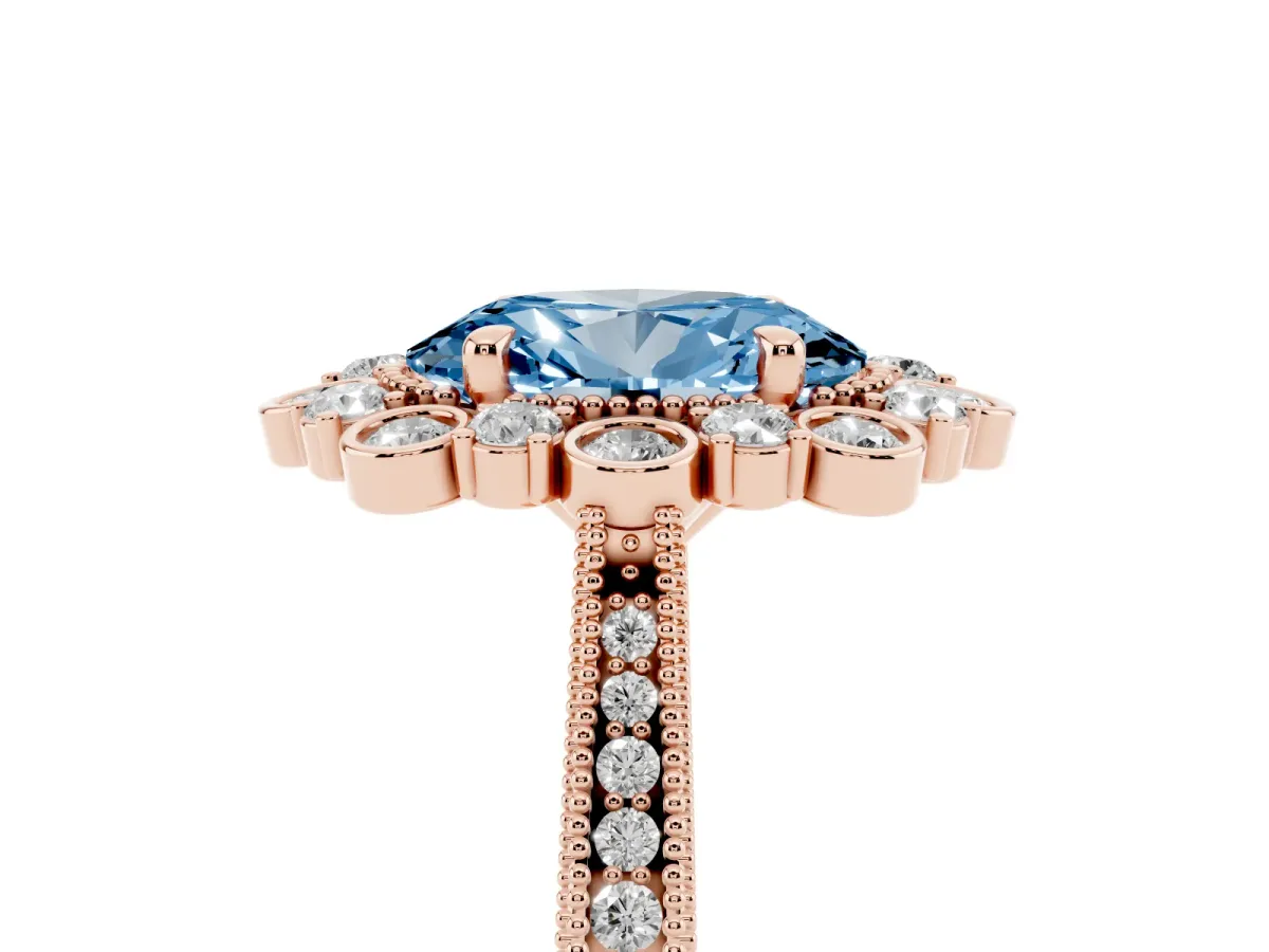 Fancy Blue Oval Cut Halo Milgrain Pave Diamond Ring with Four-Prong Setting Rose gold