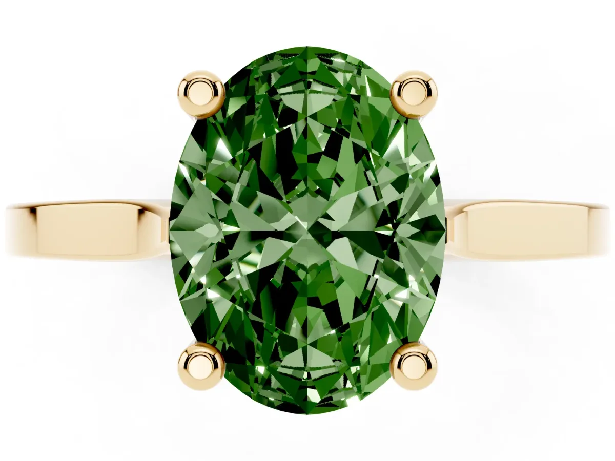 Fancy Green Oval Cut Solitaire Diamond Ring with Four-Prong Setting and Tapered Band Yellow gold