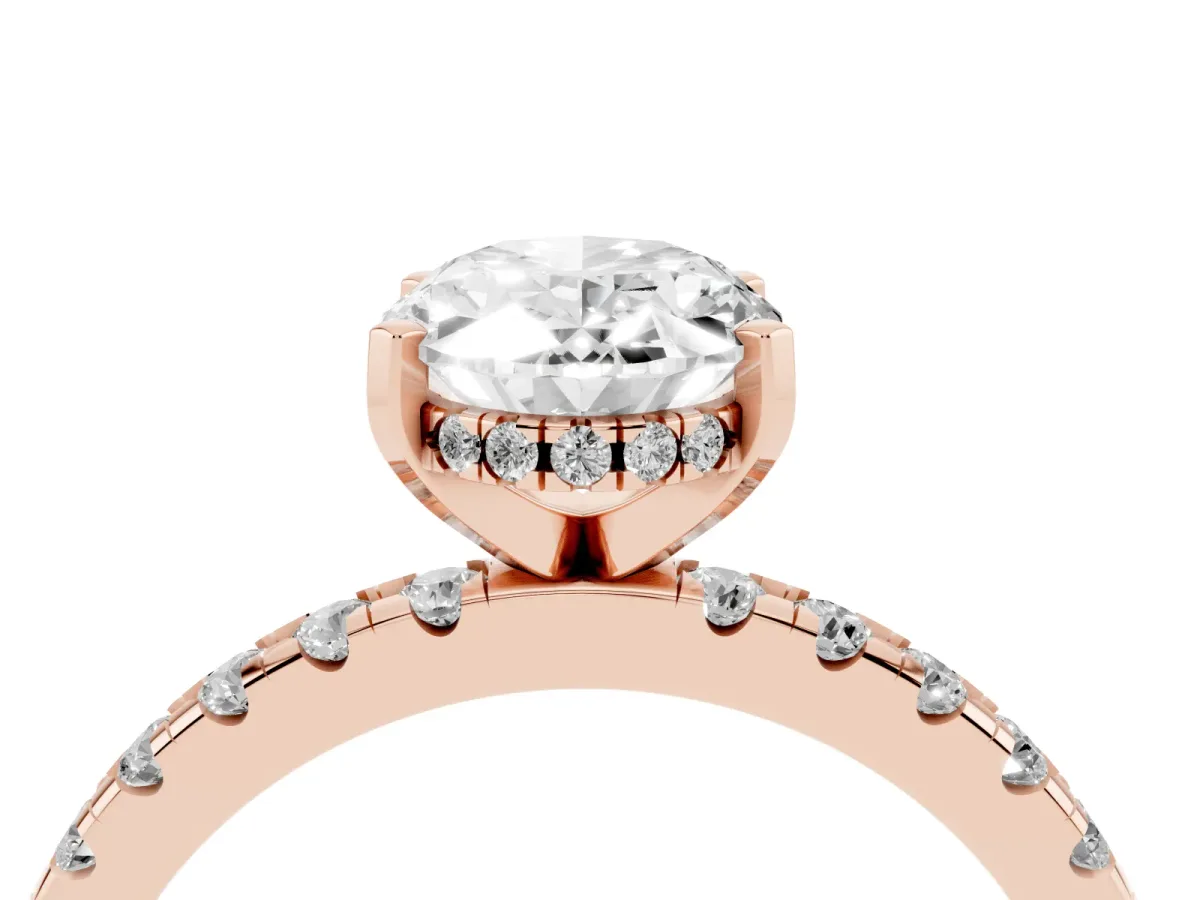 Oval Cut Diamond Solitaire Ring with Round Pavé Band and Four-Prong Setting Rose gold