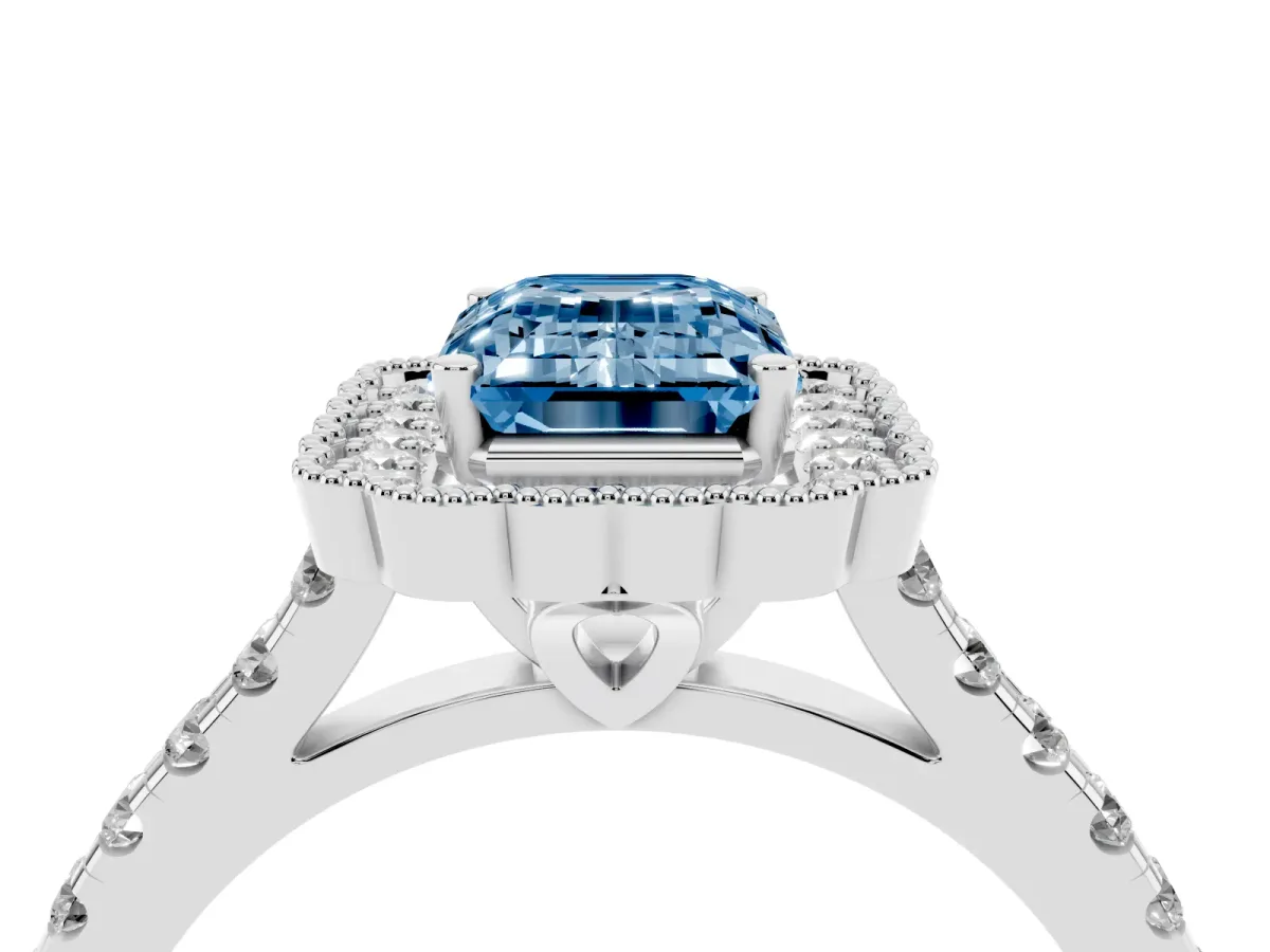 Fancy Blue Emerald Cut Cut Diamond Milgrain Floral Halo Engagement Ring with Pavé Band Silver