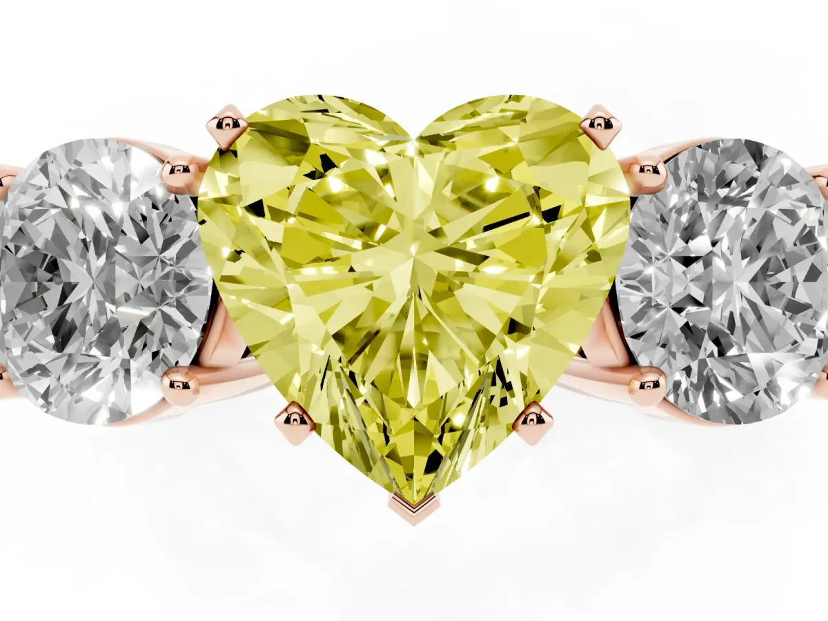 Fancy Yellow Three-Stone Heart Cut Diamond Ring with Round Side Stones, Classic Band, and Four-Prong Setting Rose gold