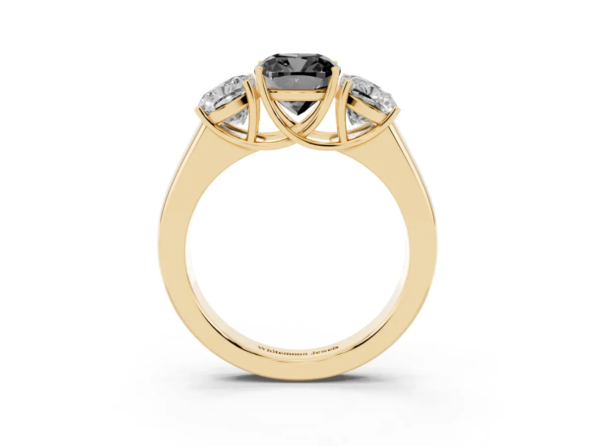 Fancy Black Three-Stone Cushion Cut Cut Diamond Ring with Prong Setting and Classic Band Yellow gold