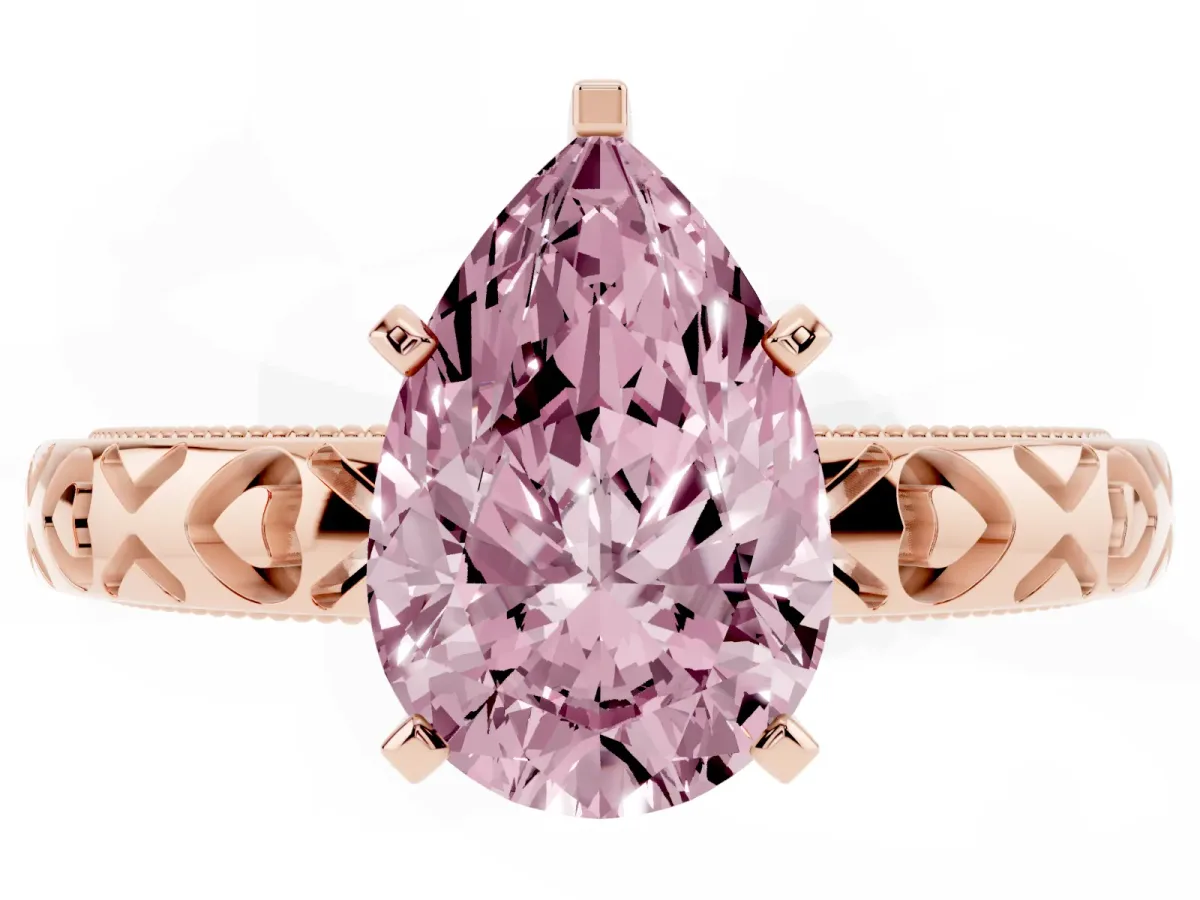 Fancy Pink Pear Cut Solitaire Diamond Engagement Ring with XO Engraved Band and Four-Prong Setting Rose gold