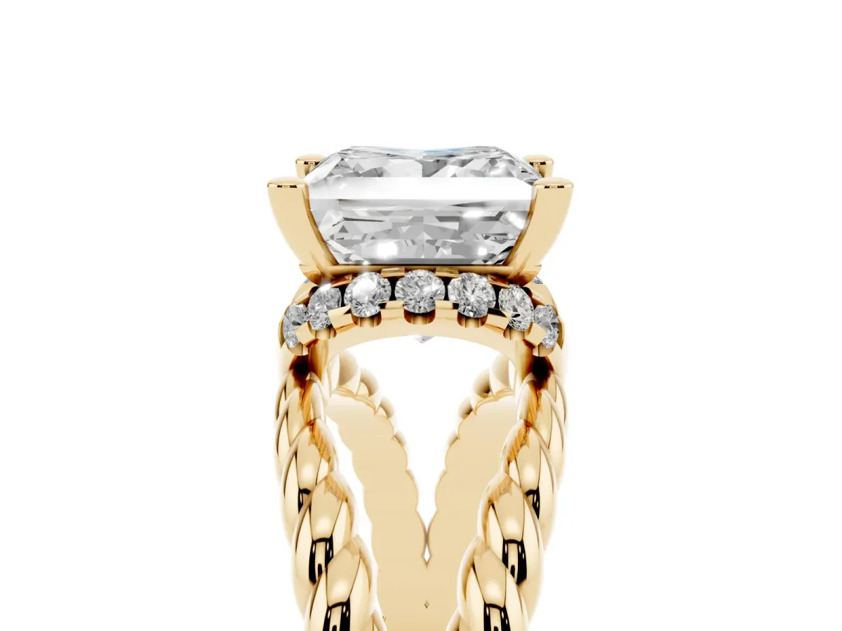 Princess Cut Halo Twisted Band Four-Prong Ring Yellow gold
