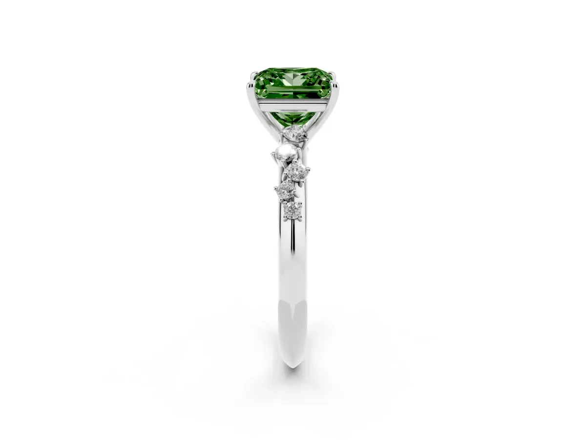 Fancy Green Princess Cut Diamond Cluster Side Stone Solitaire Ring with Prong Setting Platinum