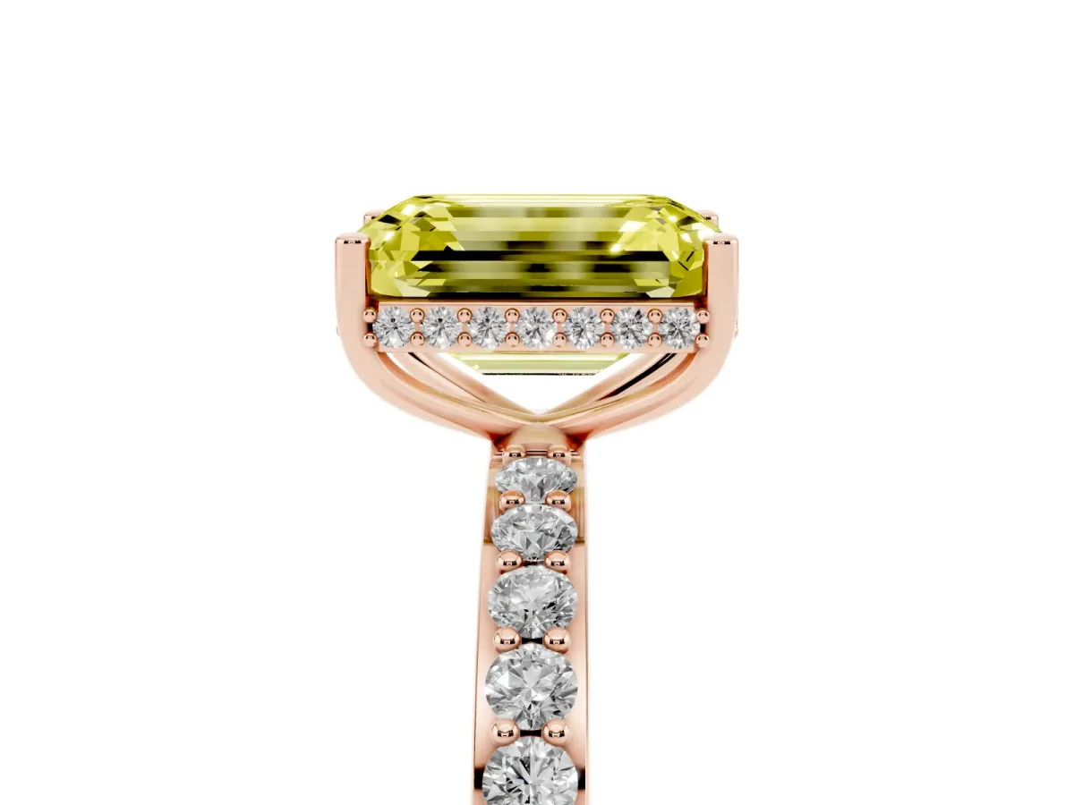 Fancy Yellow Emerald Cut Diamond Solitaire Ring with Pavé Band and Hidden Halo Rose gold