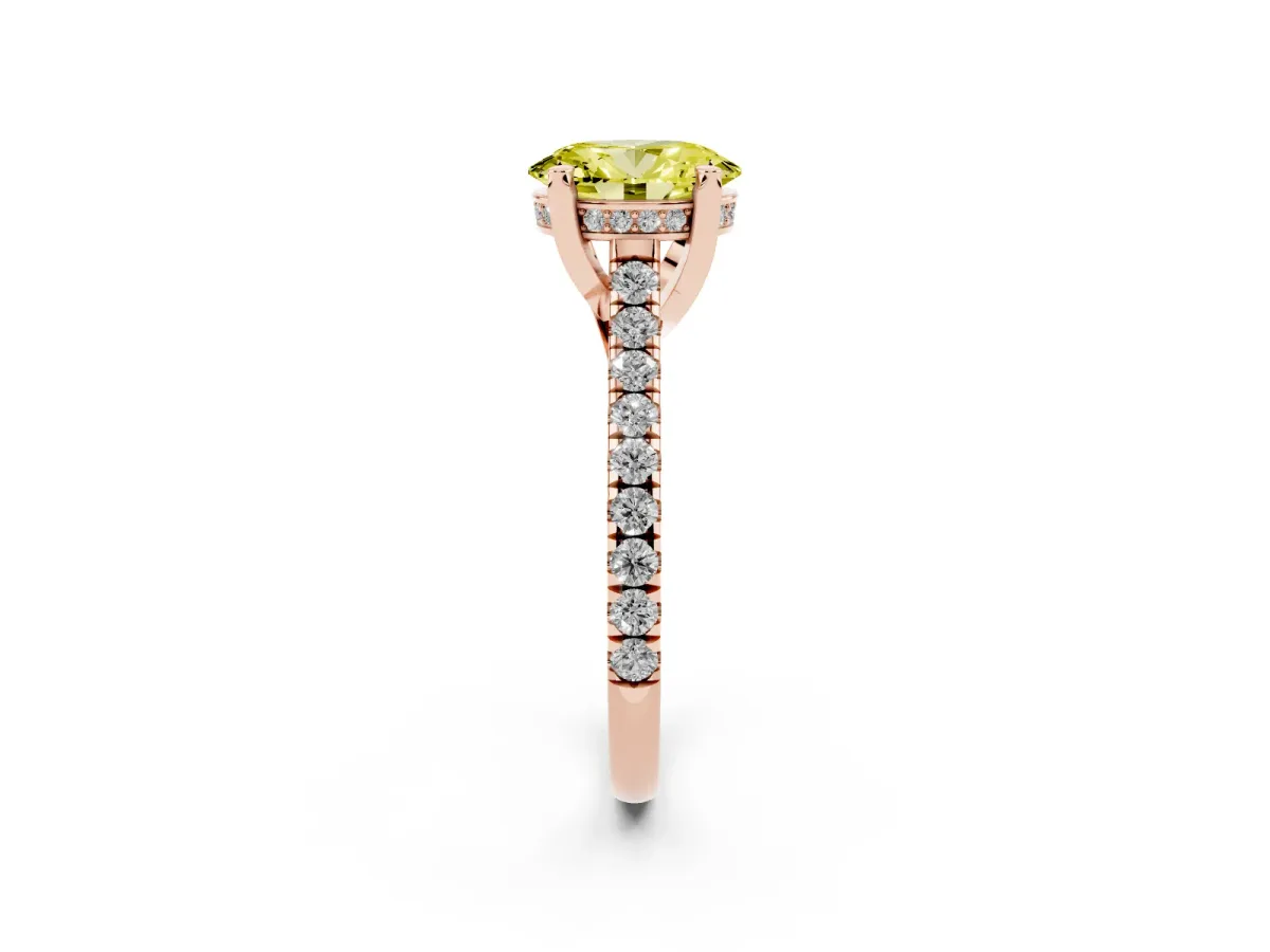 Fancy Yellow Oval Cut Brilliant Diamond Solitaire with Pavé Band and Four-Prong Setting Rose gold