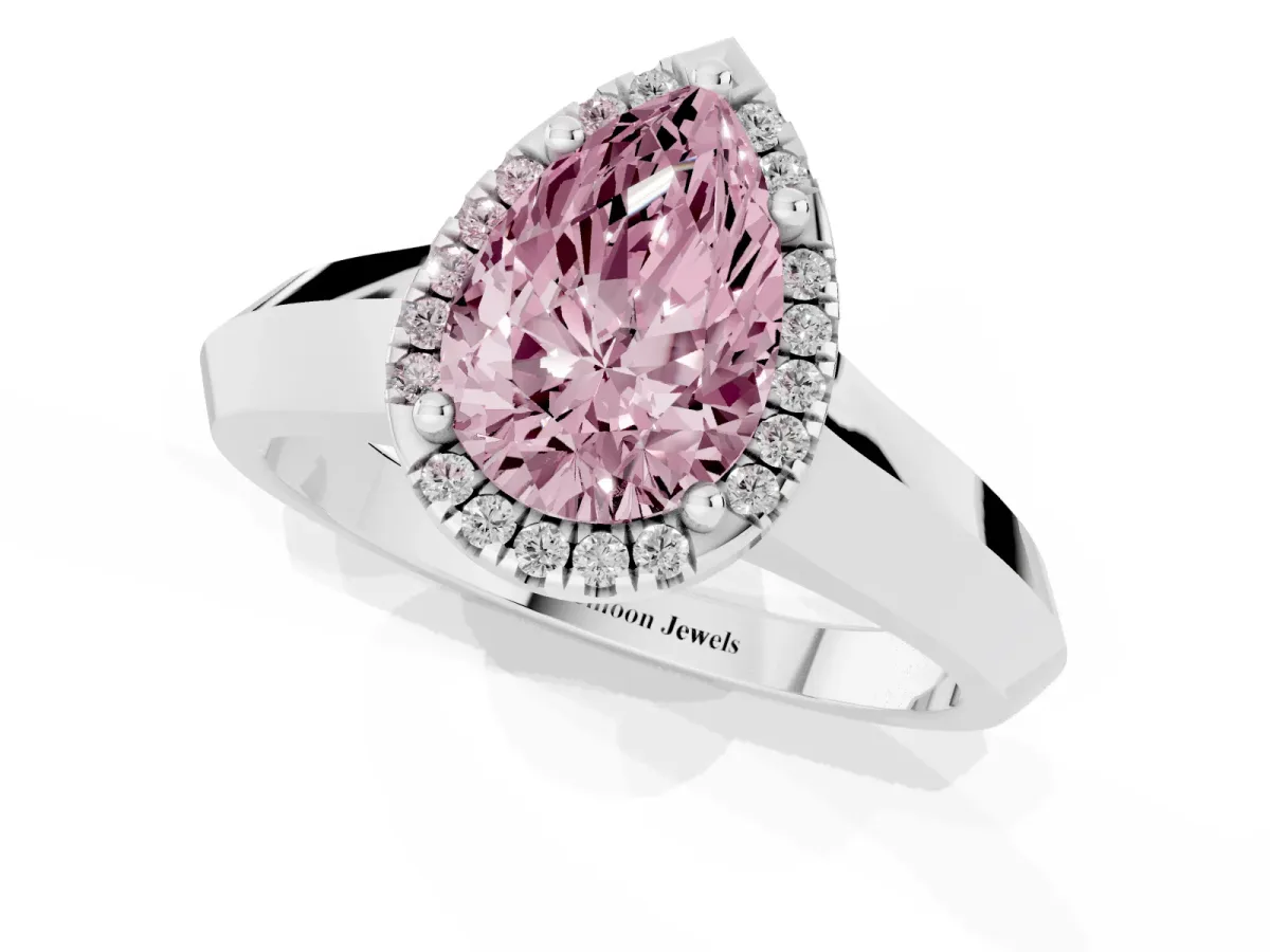 Fancy Pink Pear Cut Halo Diamond Ring with Cathedral Band and Four-Prong Setting Silver