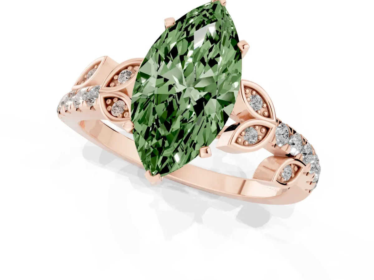 Fancy Green Marquise Cut Solitaire Leaf-Inspired Diamond Ring with Pavé Band and Four-Prong Setting Rose gold