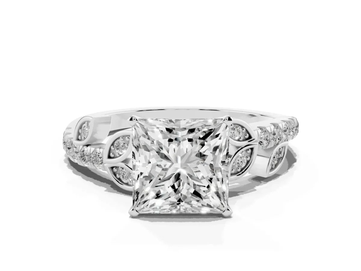 Princess Cut Solitaire Leaf-Inspired Diamond Ring with Pavé Band and Four-Prong Setting Silver