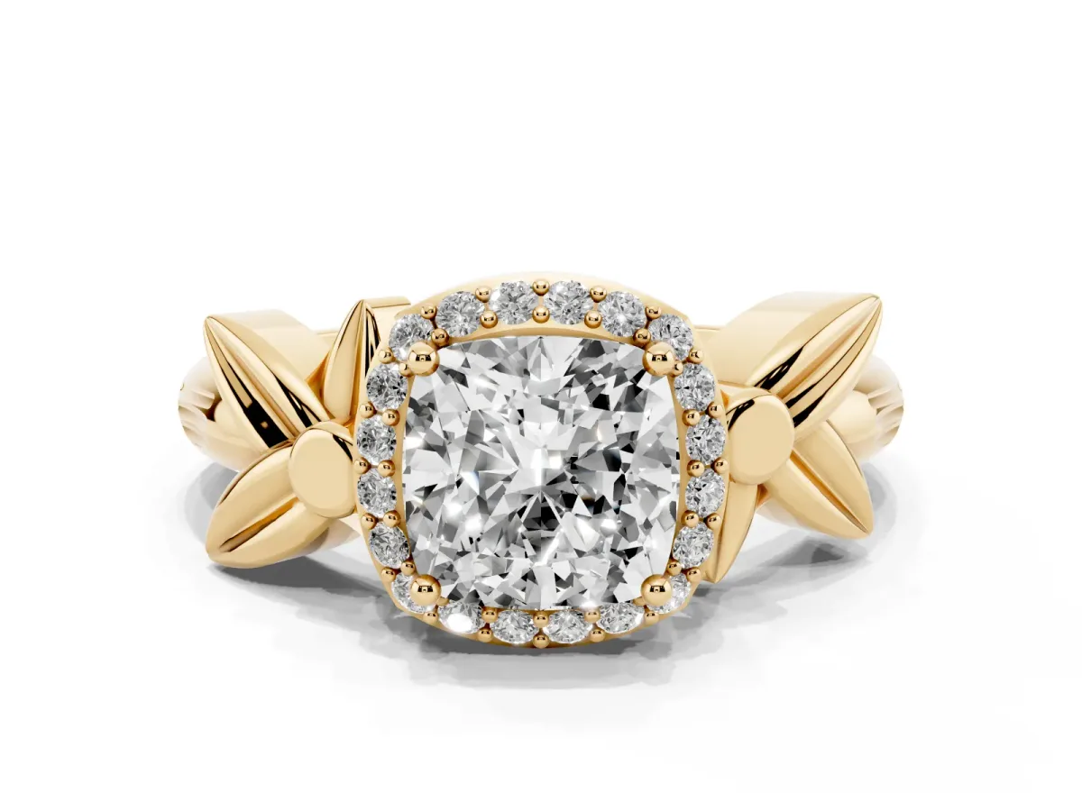Cushion Cut Halo Diamond Floral Band with Four-Prong Setting Yellow gold