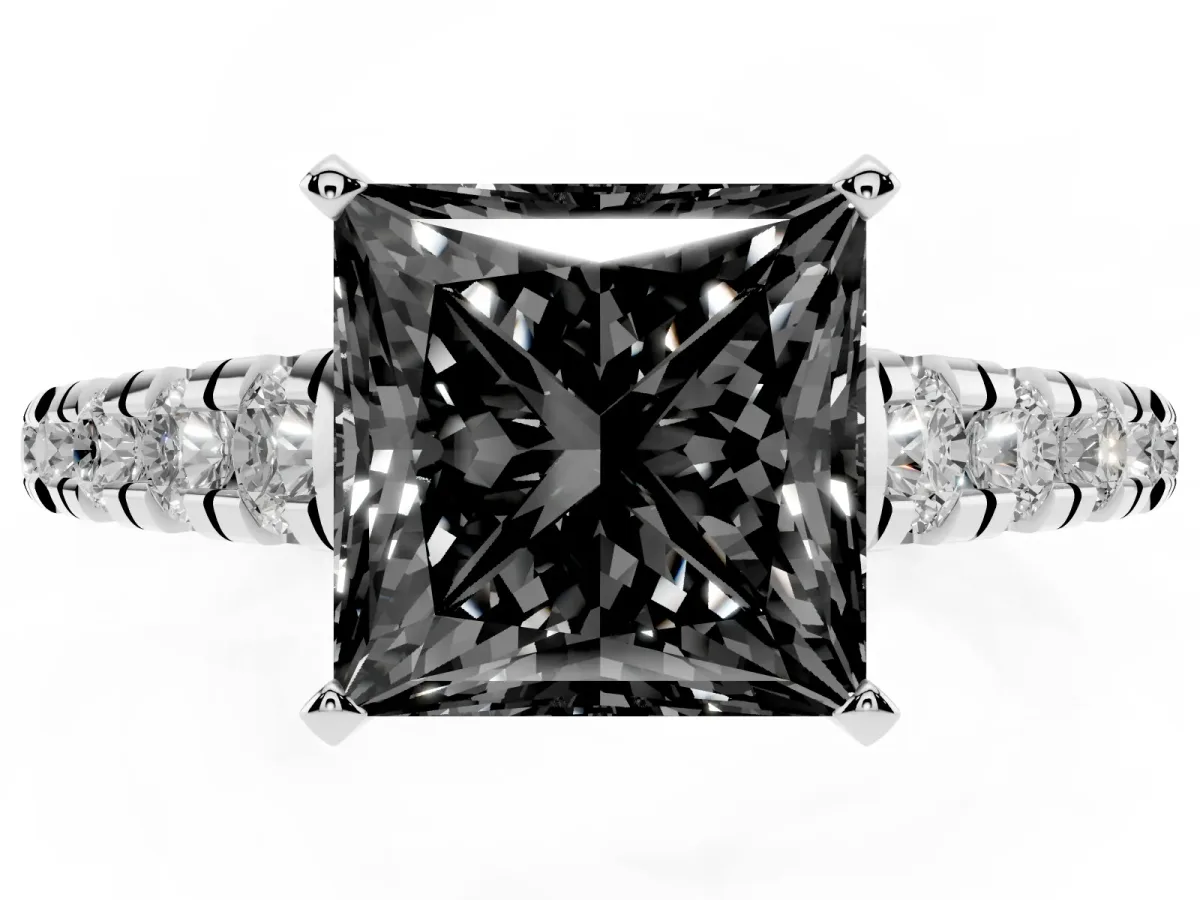 Fancy Black Princess Cut Diamond Cathedral Solitaire Ring with Round Pavé Band Silver