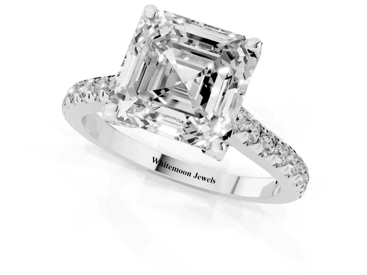 Asscher Cut Brilliant Diamond Solitaire with Pavé Band and Four-Prong Setting Platinum