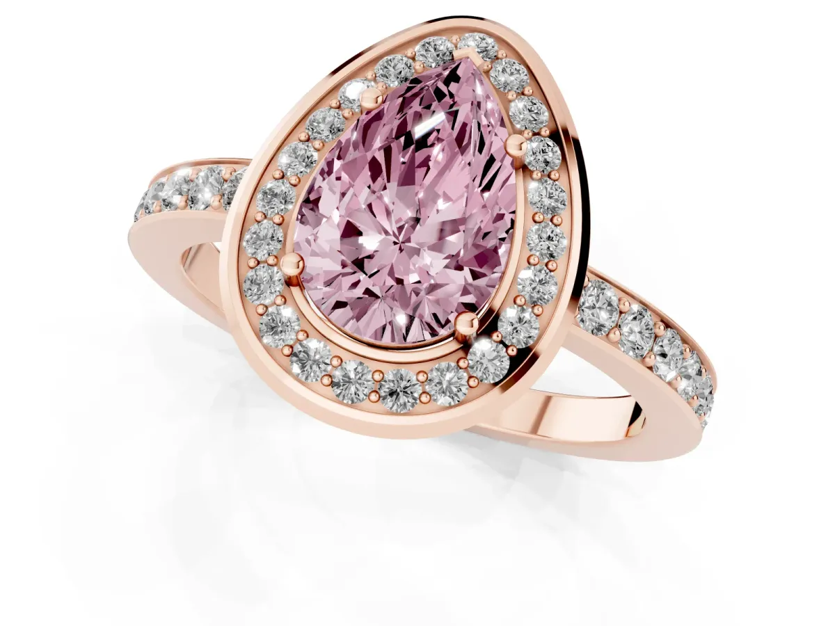 Fancy Pink Pear Cut Diamond Halo Ring with Bezel Frame and Pavé Band Rose gold