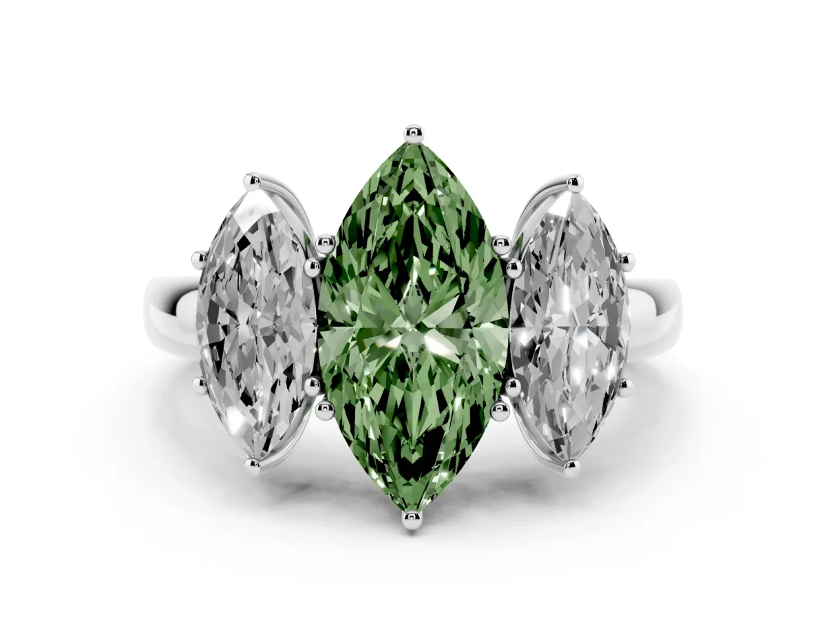 Fancy Green Marquise Cut Diamond Three-Stone Ring with Four-Prong Setting and Classic Band White gold