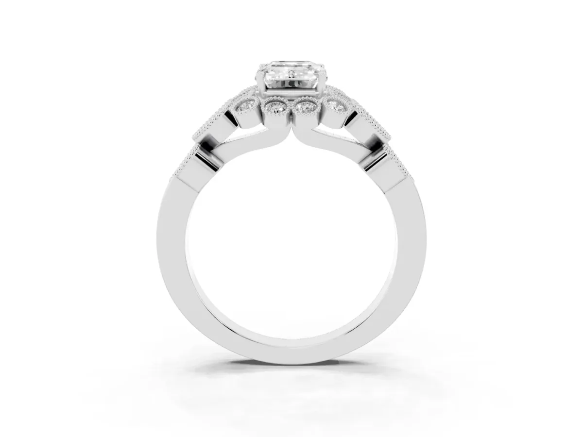 Emerald Cut Brilliant Milgrain Pave Heart Band Solitaire Ring Silver