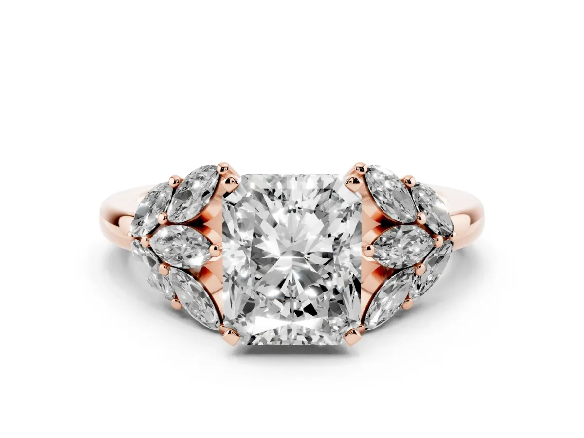 Radiant Cut Diamond Cluster Leaf Design Ring with Prong Setting Rose gold