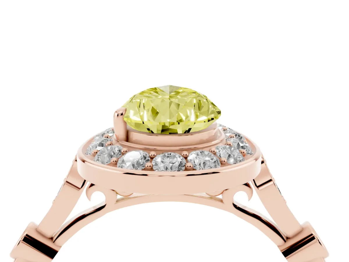 Fancy Yellow Pear Cut Halo Diamond Engagement Ring with Twisted Band and Four-Prong Setting Rose gold
