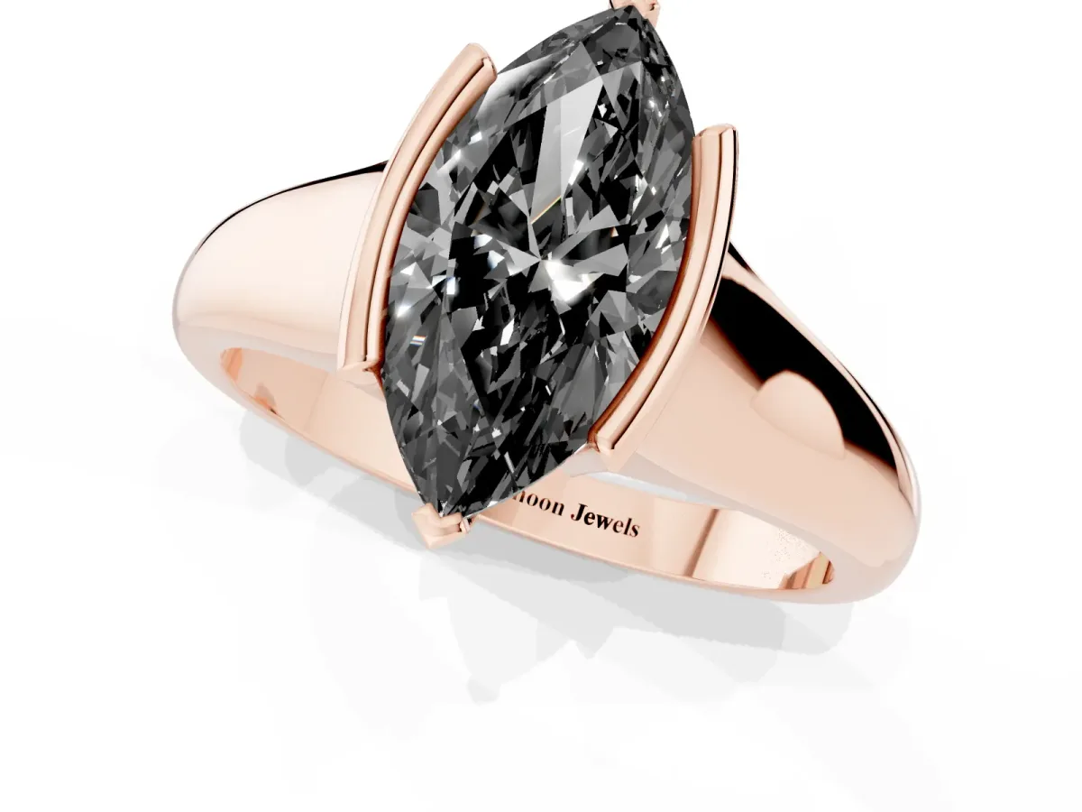 Fancy Black Marquise Cut Solitaire Tension Set Diamond Ring with Split Shank Band Rose gold