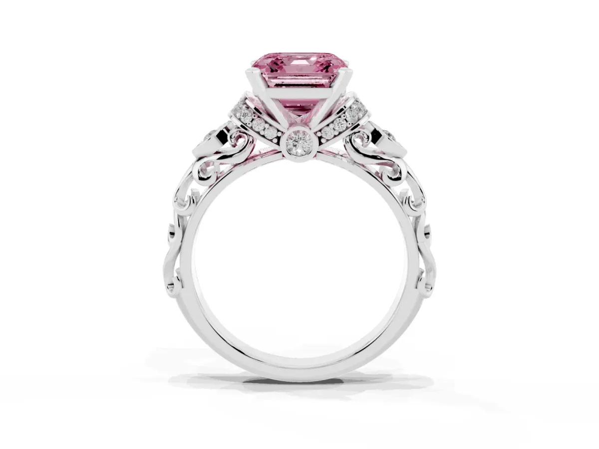 Fancy Pink Asscher Cut Diamond Solitaire Ring with Filigree Band and Four-Prong Setting Silver