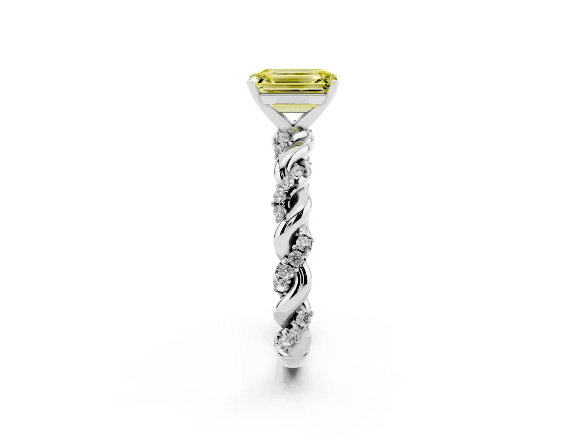 Fancy Yellow Emerald Cut Diamond Solitaire Ring with Twisted Band and Pavé Accents Platinum