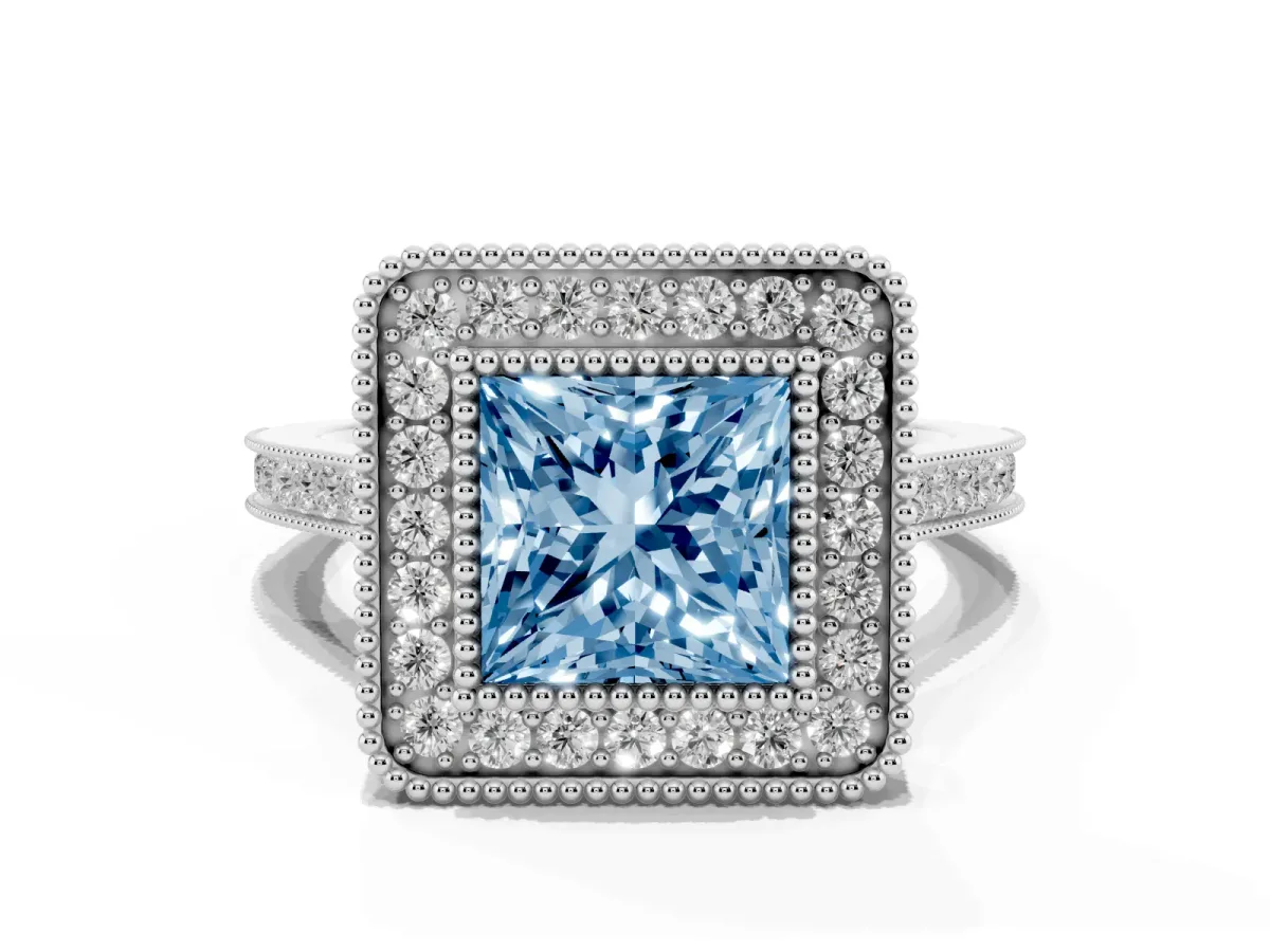 Fancy Blue Princess Cut Diamond Halo Ring with Milgrain Frame and Pavé Band Platinum