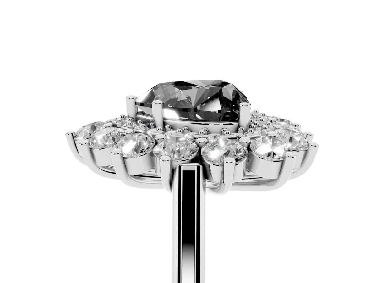 Fancy Black Heart Cut Diamond Floral Double Halo Engagement Ring with Prong Setting Silver