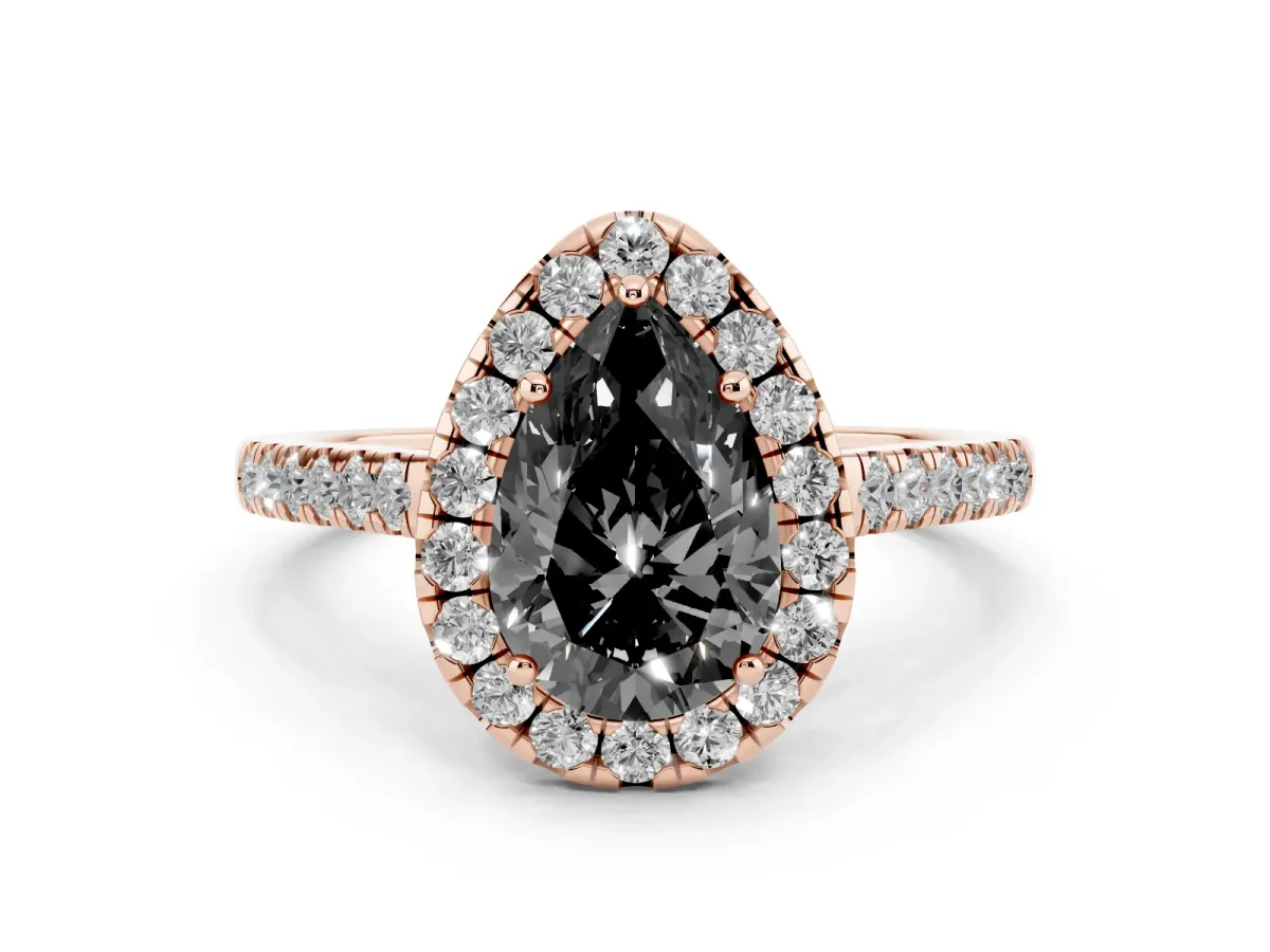 Fancy Black Pear Cut Halo Pave Diamond Engagement Ring with Four-Prong Setting Rose gold