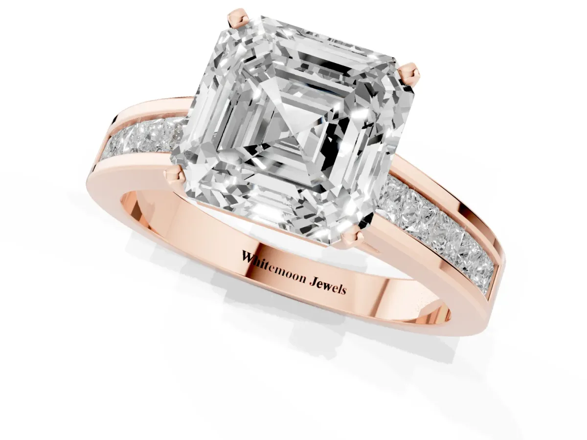 Asscher Cut Solitaire Diamond Ring with Channel-Set Band and Four-Prong Setting Rose gold