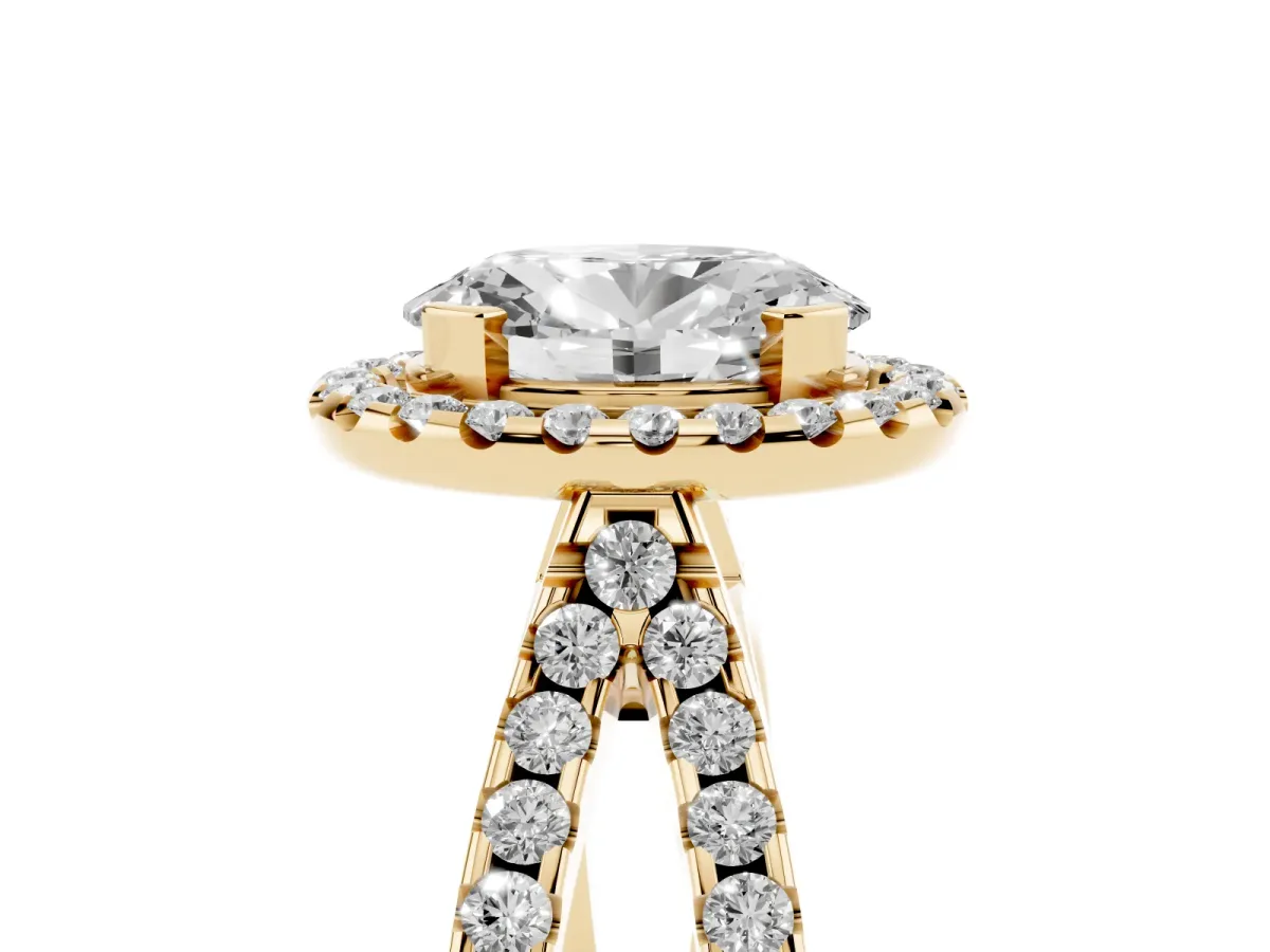 Oval Cut Diamond Halo Ring with Split Shank Pavé Band and Prong Setting Yellow gold