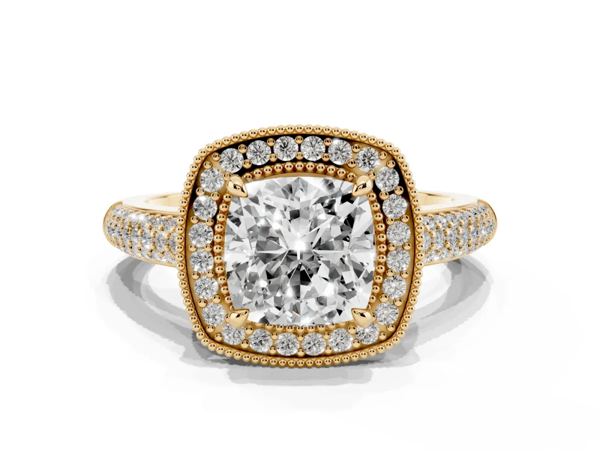 Cushion Cut Cut Halo Diamond Pave Band with Four-Prong Setting Yellow gold