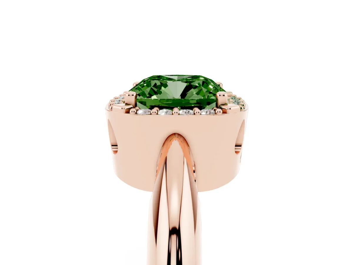 Fancy Green Cushion Cut Cut Diamond Halo Engagement Ring with Split Shank and Four-Prong Setting Rose gold