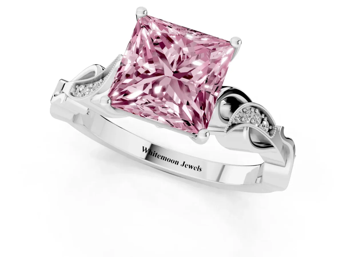 Fancy Pink Princess Cut Solitaire Vine Band with Milgrain Prong Setting Silver