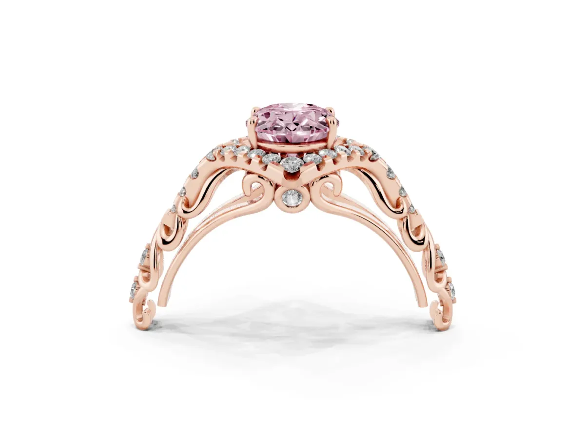 Fancy Pink Oval Cut Diamond Solitaire Ring with Hidden Halo and Pavé Band Rose gold
