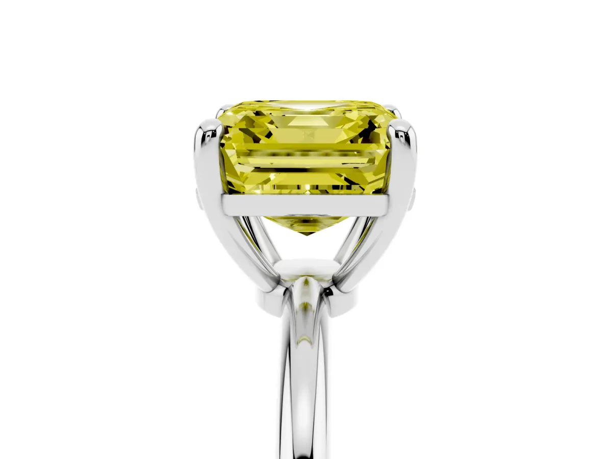 Fancy Yellow Asscher Cut Solitaire Diamond Ring with 4-Prong Setting on a Classic Band Silver