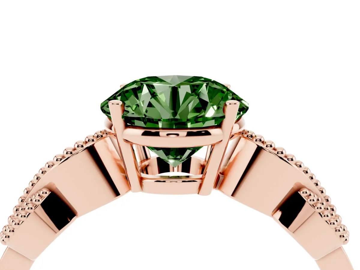 Fancy Green Round Cut Solitaire Milgrain Leaf Band with Prong Setting Rose gold